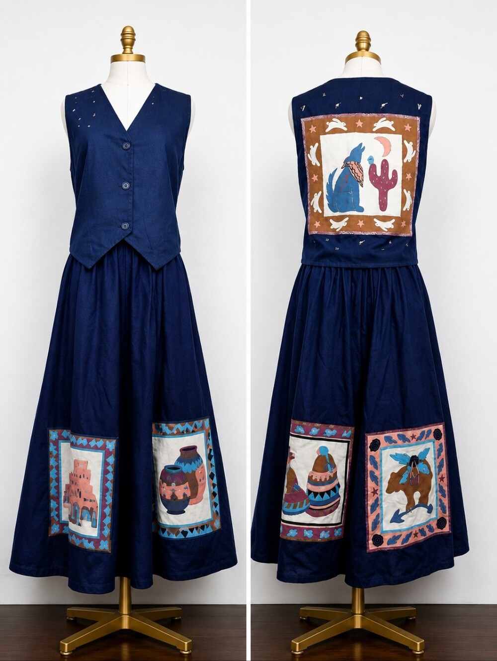 Vintage 70s Dotti Didit Southwestern Denim Vest Maxi Skirt Set Wearable Art S/M